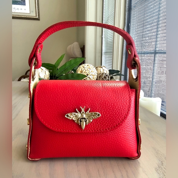 Vera Pelle Handbags - Vera Pelle Red Leather Satchel Crossbody With Queen Bee Latch Accent